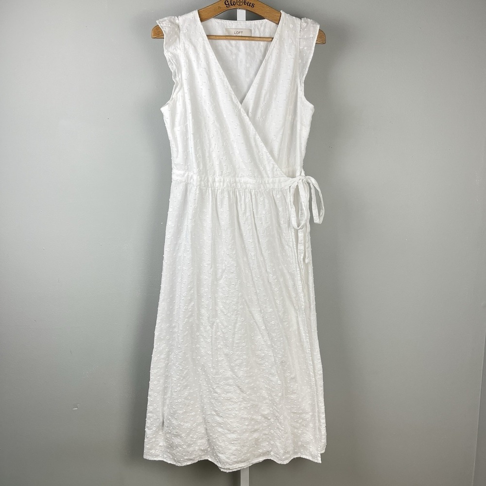 Ann Taylor LOFT White Swiss Dot Midi Wrap Dress Womens Small Cottagecore